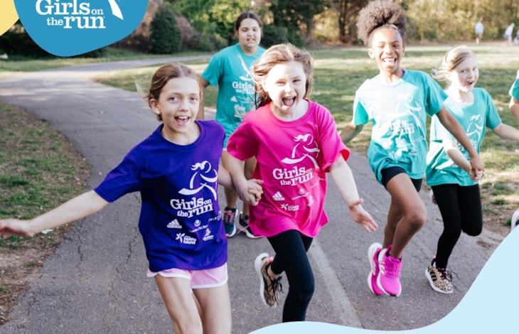 A team of GOTR girls runs on a track toward the viewer. Text reads: Finish Strong, Start Stronger
